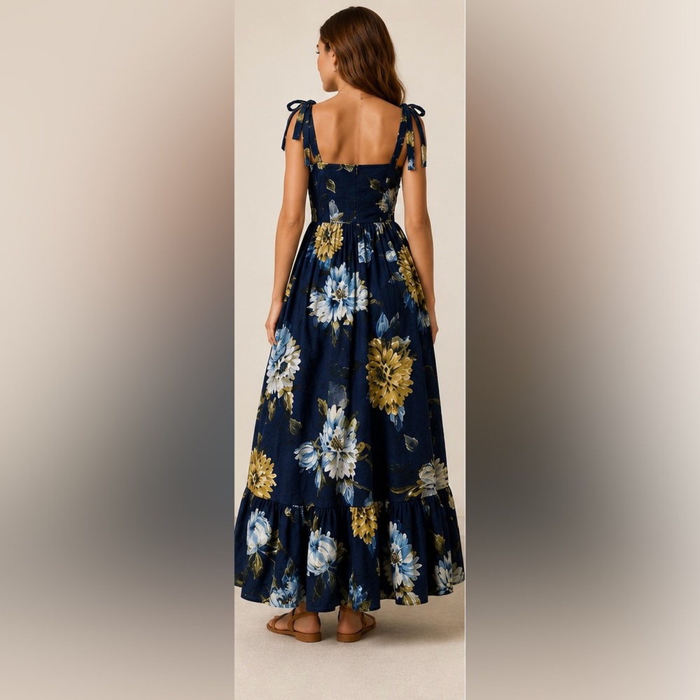 Rachel Zoe Floral Tie Strap Maxi Dress Women’s XS Navy Blue Cottagecore - Picture 2 of 8